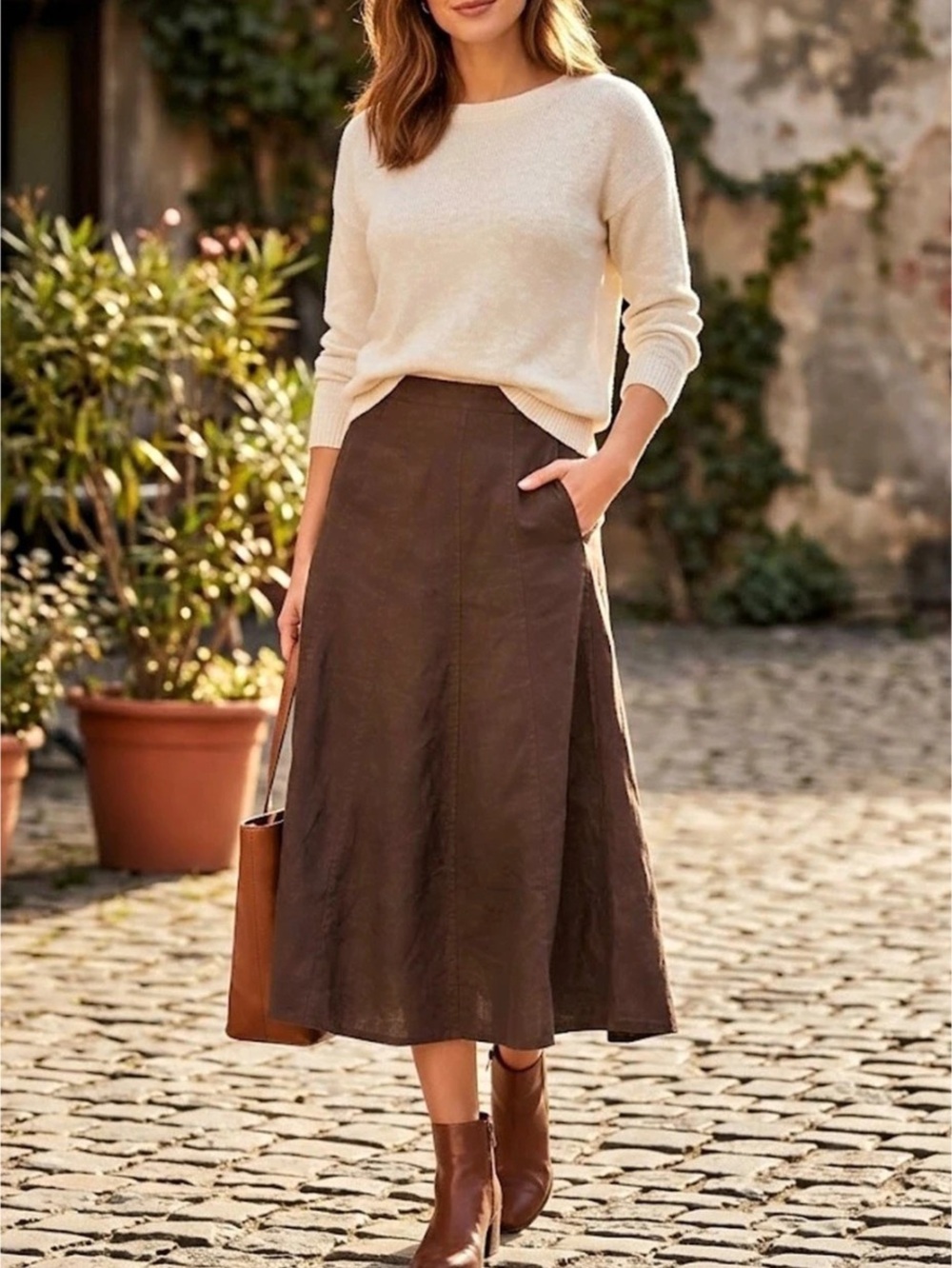Zara Brown Midi A-Line Skirt linen like new zipper medium